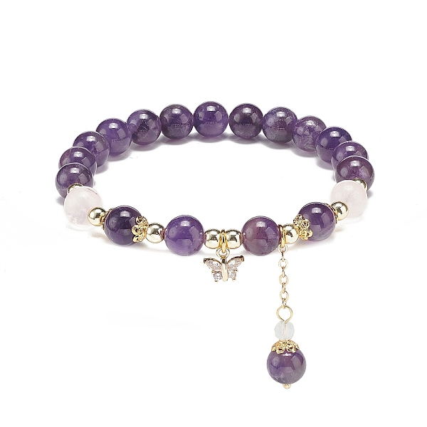 

PandaHall Natural Amethyst & Rose Quartz & Opalite Round Beaded Stretch Bracelets, Clear Cubic Zirconia Butterfly & Tassel Charms Bracelet...