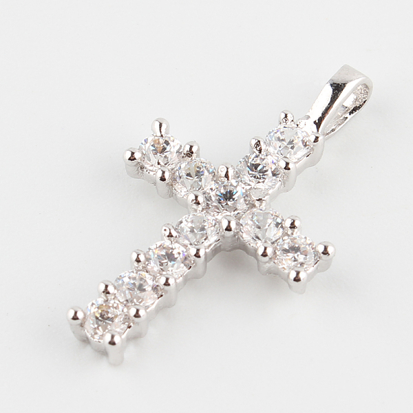 

PandaHall Cross Brass Micro Pave Cubic Zirconia Pendants, Platinum, 23.5x13~14x3mm, Hole: 3x2mm Brass+Cubic Zirconia Cross