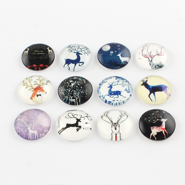 

PandaHall Half Round/Dome Christmas Reindeer/Stag Pattern Glass Flatback Cabochons for DIY Projects, Mixed Color, 12x4mm Glass Half Round..., Multicolor