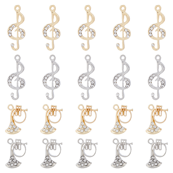 PandaHall SUPERFINDINGS 20Pcs 4 Style Rack Plating Charms Alloy Rhinestone Pendants Platinum Golden Musical Note Instruments Charms...