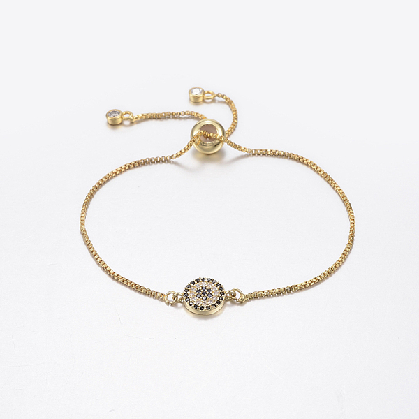 

PandaHall Adjustable Brass Micro Pave Cubic Zirconia Bolo Bracelets, Slider Bracelets, with Brass Box Chains, Flat Round with Flower, Golden...