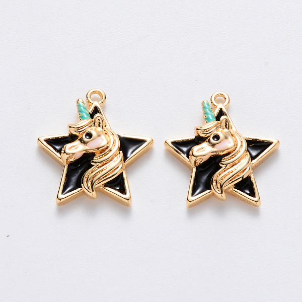 PandaHall Brass Enamel Pendants, Nickel Free, Star with Unicorn, Real 18K Gold Plated, Black, 15.5x14x3.5mm, Hole: 1mm Brass+Enamel Star...