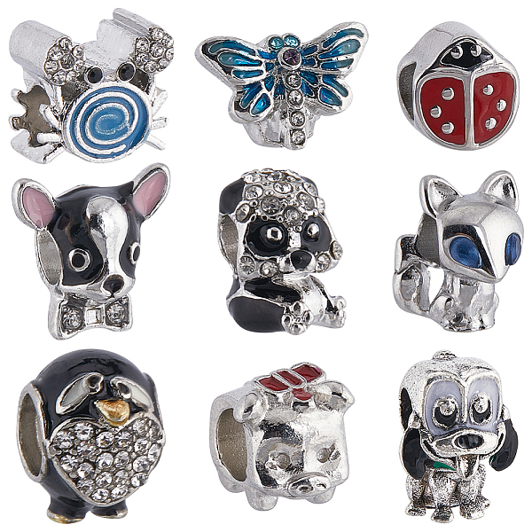 

PandaHall SUNNYCLUE 1 Box 9Pcs European Large Hole Beads Rhinestone Silver Animal Spacer Beads Bulk Alloy Enamel Dog Panda Ladybug Fox Metal..., Multicolor