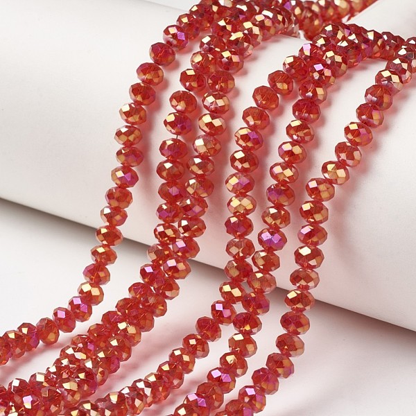 

PandaHall Electroplate Transparent Glass Beads Strands, Full Rainbow Plated, Faceted, Rondelle, Red, 6x5mm, Hole: 1mm, about 85~88pcs/strand...