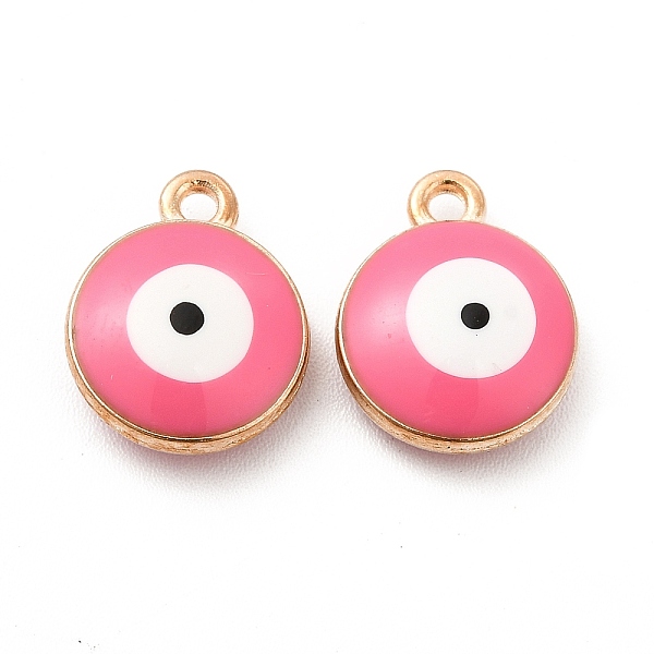 

PandaHall Alloy Enamel Charms, Flat Round with Evil Eye Pattern, Light Gold, Pink, 13x10.5x4mm, Hole: 1.4mm Alloy+Enamel Flat Round Pink