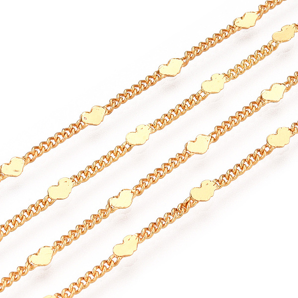 

PandaHall Brass Heart Link Chains, with Curb Chains, Soldered, with Spool, Real 16K Gold Plated, 1.5x1x0.03mm, 2x3mm Brass