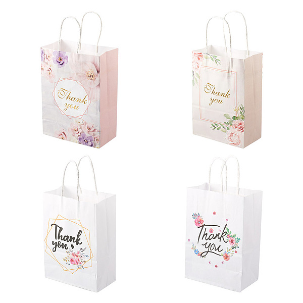 

PandaHall Cheriswelry 24Pcs 4 Style Rectangle with Word Thanks You Kraft Paper Bags, with Handles, for Gift & Shopping Bags, Flower Pattern...