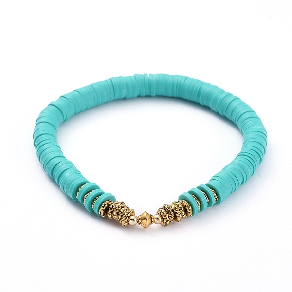 

PandaHall Stretch Bracelets, with Polymer Clay Heishi Beads, Antique Golden Plated Alloy Spacer Beads and Brass Round Beads, Turquoise..., Green