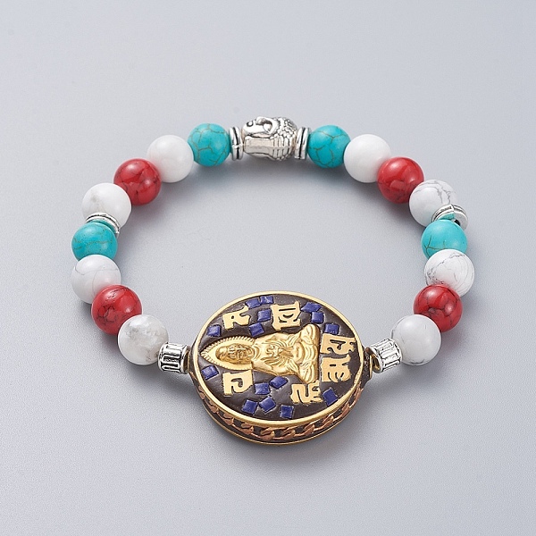 

PandaHall Buddhist Theme Guan Yin Stretch Bracelets, with Brass Handmade Indonesia Beads, Natural & Synthetic Gemstone Round Beads and..., Multicolor