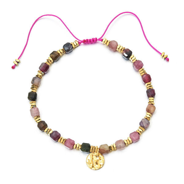 Bohemian Style Natural Rhodonite Cube Braided Bead Bracelet