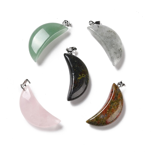 

PandaHall Natural Gemstone Pendants, with Platinum Tone Brass Findings, Moon, 32~34x13~15x8~9mm, Hole: 2x6mm Mixed Stone Moon
