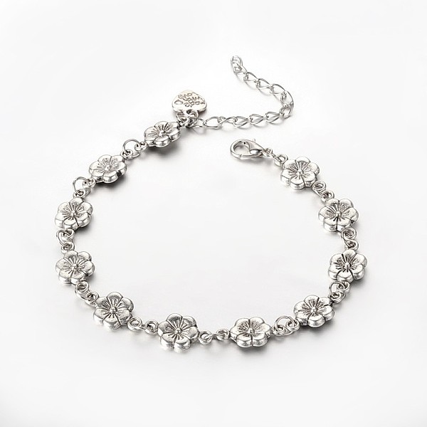 

PandaHall Trendy Tibetan Style Flower Anklets, with Zinc Alloy Lobster Claw Clasps and Iron End Chains, Antique Silver, 230mm Alloy
