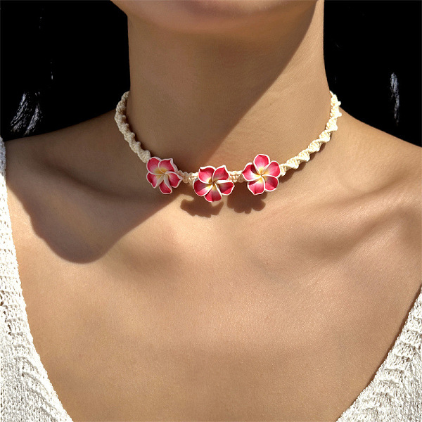 Adjustable Summer Beach Triple Polymer Clay Flower Twisted Braided Waxed Cord Choker Necklaces for women