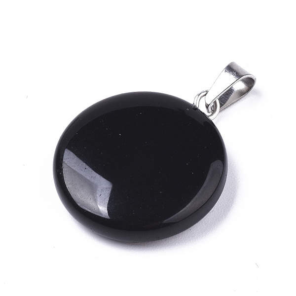 

PandaHall Synthetic Black Stone Pendants, with Platinum Tone Brass Bails, Flat Round, 22~25x19~21x5~7mm, Hole: 3x6mm Black Stone Flat Round