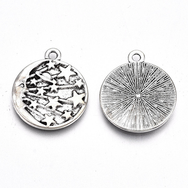 

PandaHall Tibetan Style Alloy Pendants, Lead Free & Cadmium Free, Flat Round with Moon & Star, Antique Silver, 22.5x19x2mm, Hole: 1.8mm...