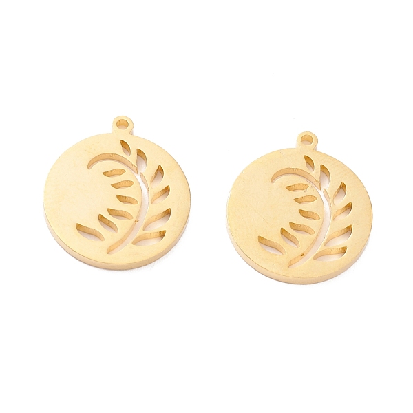 

PandaHall Vacuum Plating 201 Stainless Steel Pendants, Flat Round with Leaf, Golden, 18x15.5x1.4mm, Hole: 1.2mm 201 Stainless Steel Leaf