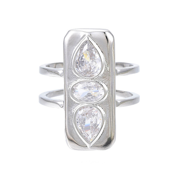 

PandaHall Cubic Zirconia Rectangle Open Cuff Ring, Real Platinum Plated Brass Double Line Wide Ring for Women, Nickel Free, Clear, US Size 7...