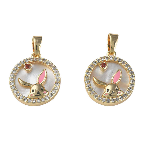 

PandaHall Brass Micro Pave Cubic Zirconia Pendants, with Enamel and Natural Shell, Nickel Free, Real 18K Gold Plated, Flat Round with Rabbit...