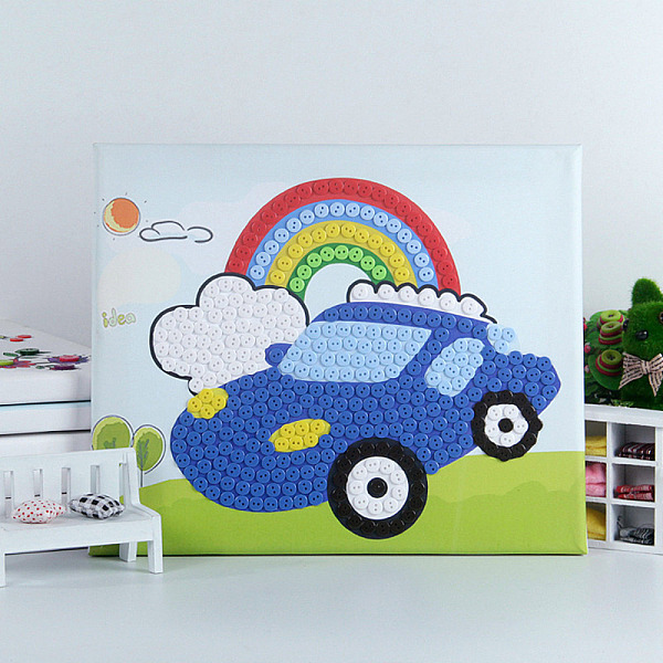 PandaHall Creative DIY Car Pattern Resin Button Art, with Canvas Painting Paper and Wood Frame, Educational Craft Painting Sticky Toys for...