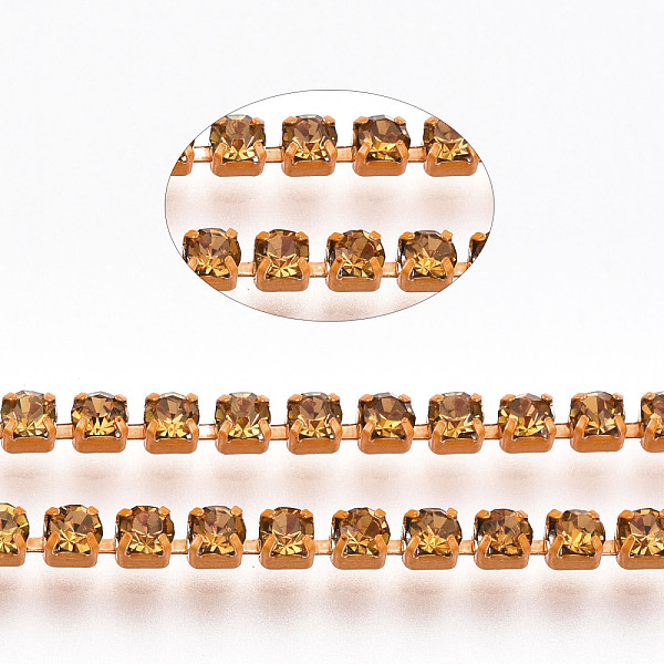 

PandaHall Electrophoresis Brass Rhinestone Strass Chains, Rhinestone Cup Chains, Topaz, SS6.5, 2~2.1mm Brass+Rhinestone Yellow