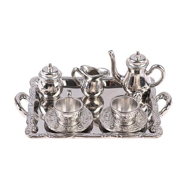 

PandaHall Dollhouse Simulation Mini Alloy Pattern Tea Set Model Ornament, Platinum, 65x48x50mm Alloy Tableware