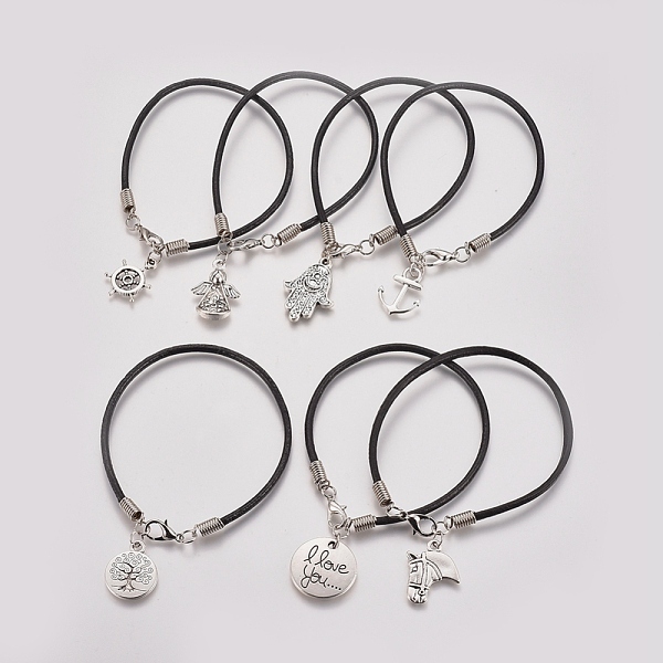 

PandaHall Unisex Charm Bracelets, with Cowhide Leather Cord, Tibetan Style Alloy Pendants and Lobster Claw Clasps, Black, 7-1/4 inch~7-1/2...