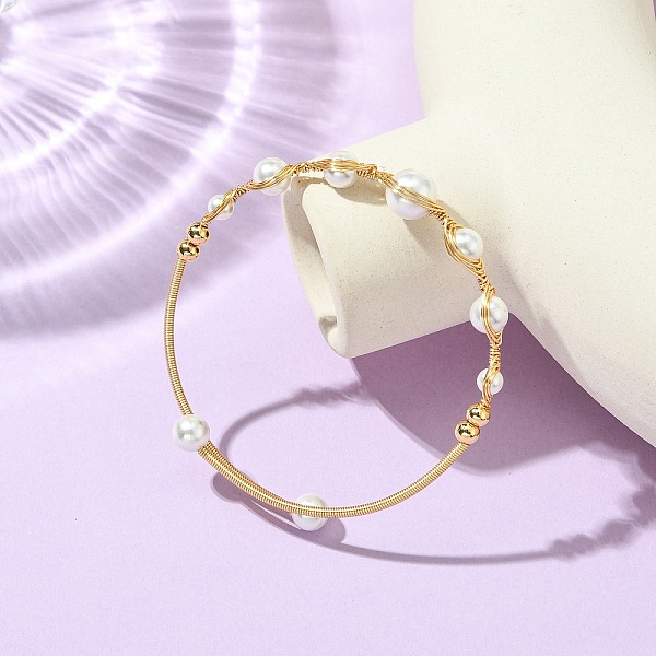 Herringbone Wire-Wrapped Shell Pearl Brass Cuff Bangles