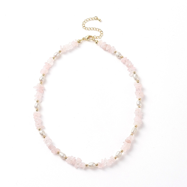 Natural Rose Quartz Chips & Pearl Beaded Necklace