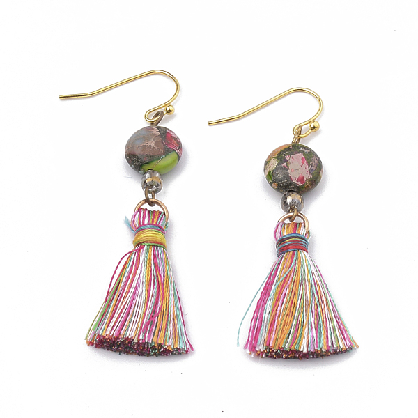

PandaHall Nylon Tassels Dangle Earrings, with Regalite/Imperial Jasper/Sea Sediment Jasper and Iron Findings, Colorful, 55mm, Pin: 0.7mm...