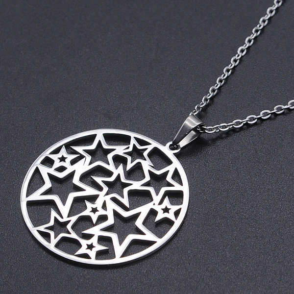 

PandaHall 201 Stainless Steel Pendant Necklaces, with Cable Chains and Lobster Claw Clasps, Ring with Star, Stainless Steel Color, 17.71...