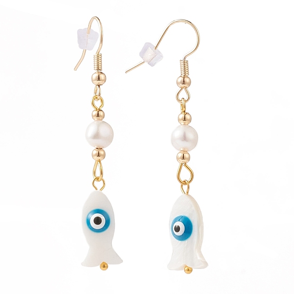 

PandaHall Fish with Evil Eye Dangle Earrings, with Natural Freshwater Shell Beads, Pearl Beads, Plastic Ear Nuts and Golden Plated Brass...
