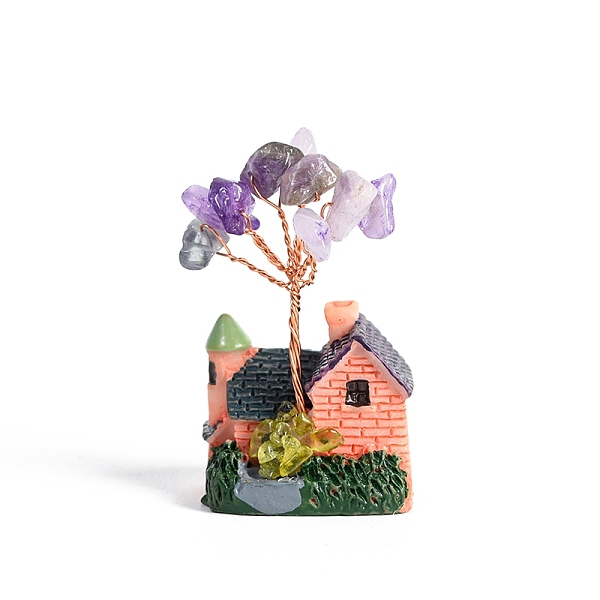 PandaHall Resin Display Decorations, Reiki Energy Stone Feng Shui Ornament, with Natural Amethyst Tree and Copper Wire, House, 29x20x50~55mm...