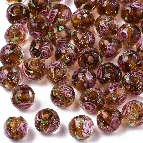 

PandaHall Handmade Gold Sand Lampwork Beads, Inner Flower, Round, Goldenrod, 8x7~8mm, Hole: 1.4mm Lampwork Round Gold