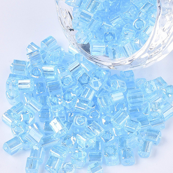 

PandaHall 6/0 Glass Seed Beads, Transparent Colours Luster, Square Hole, Cube, Light Sky Blue, 6/0, 3~5x3~4x3~4mm, Hole: 1.2~1.4mm, about...