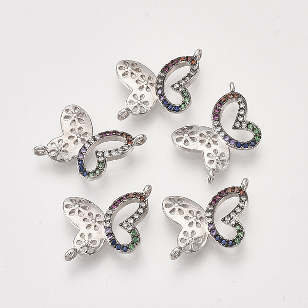 

PandaHall Brass Cubic Zirconia Links, Butterfly, Colorful, Platinum, 12~13x16~17x2.5~3mm, Hole: 1~1.2mm Brass+Cubic Zirconia Butterfly