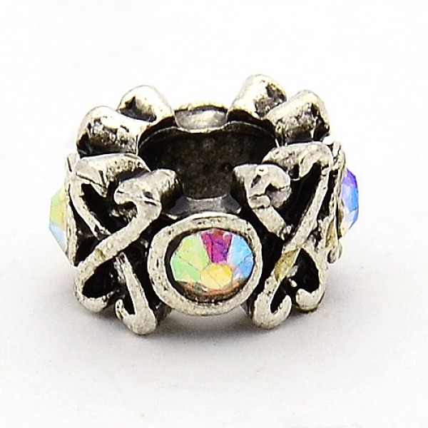 

PandaHall Vintage Alloy Rhinestone European Beads, Large Hole Rondelle Beads, Antique Silver, Crystal AB, 10.5x6.5mm, Hole: 6mm..., Clear