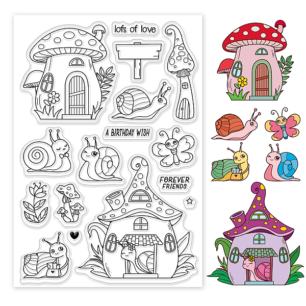 PandaHall GLOBLELAND Fairy Tale Snail Clear Stamps Mushroom House Butterfly Flowers Clear Stamp Seals for Cards Making DIY Scrapbooking...