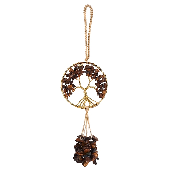 

PandaHall Wire Wrapped Chips Natural Tiger Eye Big Pendant Decorations, with Brass Wires and Nylon Cord, Flat Round with Tree of Life, 170mm...