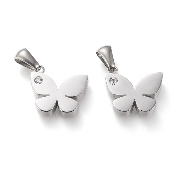 

PandaHall 304 Stainless Steel Pendants, with Rhinestone, Manual Polishing, Butterfly, Stainless Steel Color, 16.5x15.5x3.5~4mm, Hole: 3x6mm..., Clear