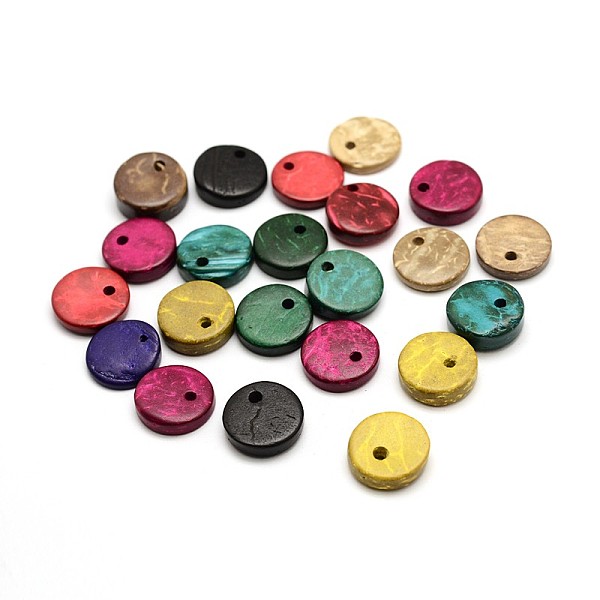 

PandaHall Dyed Flat Round Coconut Charms, Mixed Color, 12x2~6mm, Hole: 1mm, about 1078pcs/500g Coconut Flat Round Multicolor