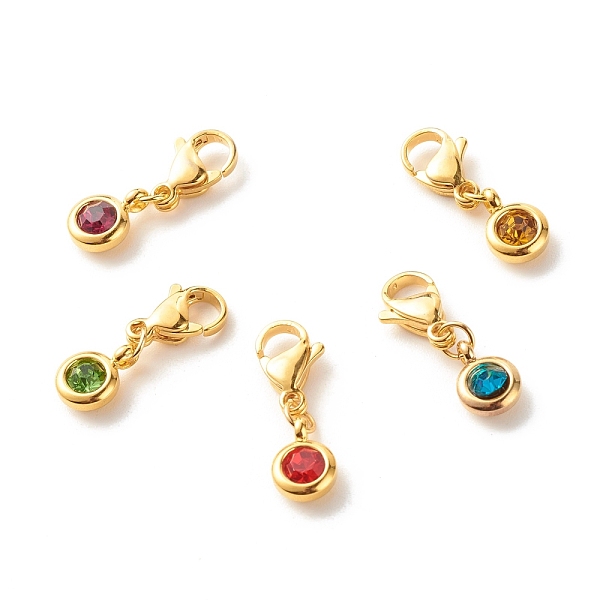 

PandaHall 304 Stainless Steel Rhinestone Charms, with 304 Stainless Steel Lobster Claw Clasps, Flat Round, Mixed Color, 20mm Stainless..., Multicolor