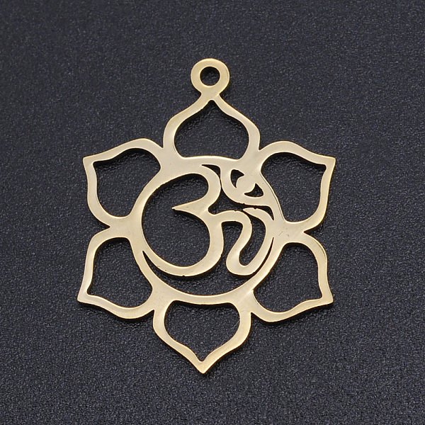 

PandaHall 201 Stainless Steel Pendants, Laser Cut Pendants, Flower with Aum/Om Symbol, Golden, 25x19.5x1mm, Hole: 1.5mm 201 Stainless Steel...