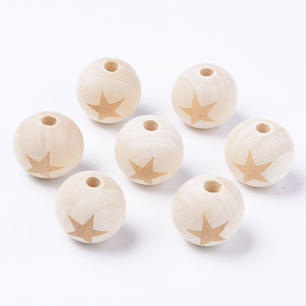 

PandaHall Unfinished Natural Wood European Beads, Large Hole Beads, for DIY Painting Craft, Laser Engraved Pattern, Round with Star Pattern...