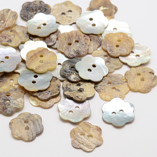 

PandaHall Flower Mother of Pearl Buttons, Akoya Shell Button, 2-Hole, Camel, 14x1mm, Hole: 1.5mm, about 720pcs/bag Mother of Pearl Flower..., Brown