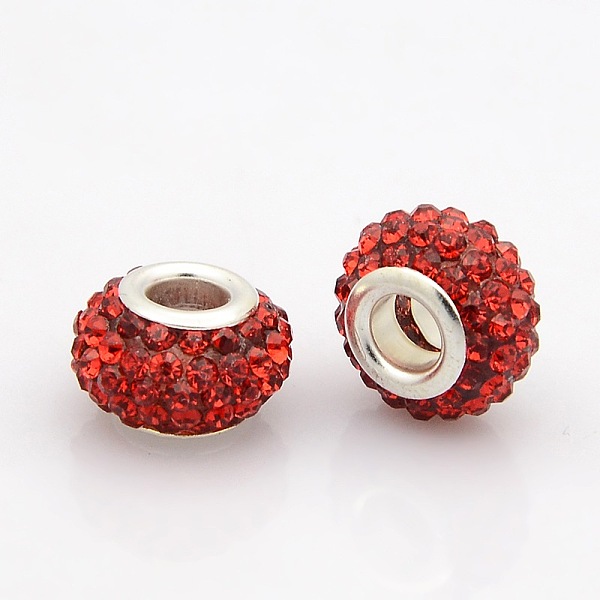 

PandaHall Resin Rhinestone European Beads, Grade A, Large Hole Rondelle Beads, with Silver Color Plated Brass Double Cores, Light Siam..., Red