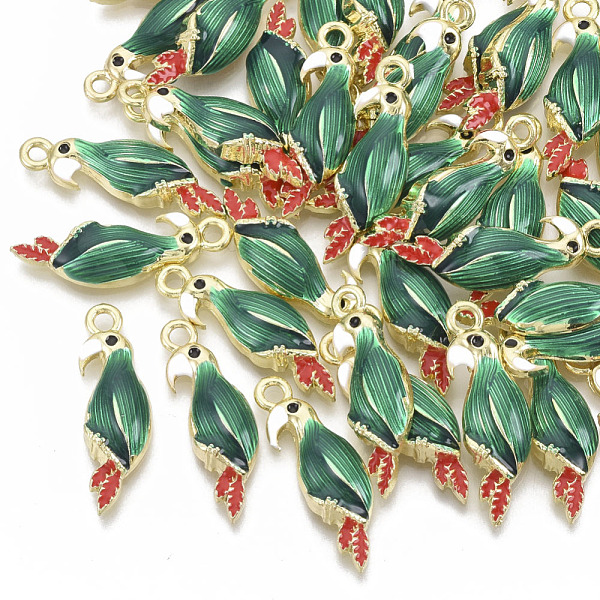 

PandaHall Alloy Pendants, with Enamel, Parrot, Light Gold, Green, 25.5x8x4mm, Hole: 1.8mm Alloy+Enamel Bird Green