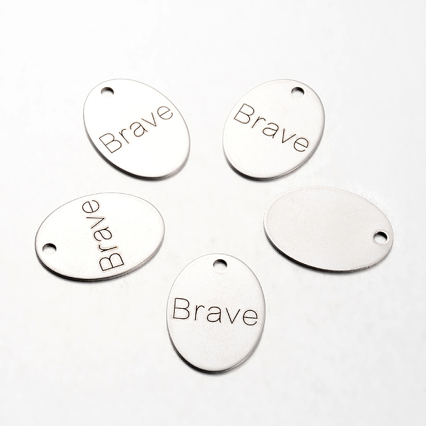 

PandaHall Spray Painted Stainless Steel Pendants, Oval with Words Brave, Stainless Steel Color, 17x12x1mm, Hole: 2mm Stainless Steel Oval