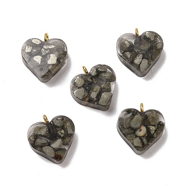 PandaHall Transparent Resin Natural Chalcopyrite Jasper Dyed Chips Pendants, with Golden Tone Brass Loops, Heart Charm, Coffee...