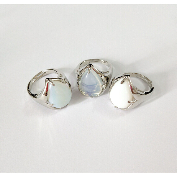 Teardrop Platinum Tone Brass Opalite Adjustable Wide Band Rings