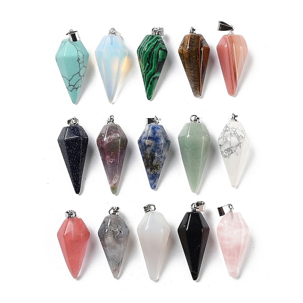 

PandaHall Natural & Synthetic Mixed Gemstone Pointed Pendants, Faceted Diamond Charms with Platinum Plated Iron Snap on Bails...